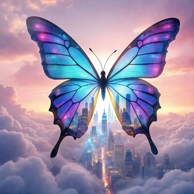 Primary subject: A butterfly with purple, blue, and pink wings.

Setting/background: A cityscape with skyscrapers in the background.

Visual style: Digital art.

Colors and mood: The butterfly has a vibrant and lively appearance, with its purple, blue, and pink wings creating a sense of joy and freedom. The cityscape in the background adds a contrasting element of urban life and architectural beauty.